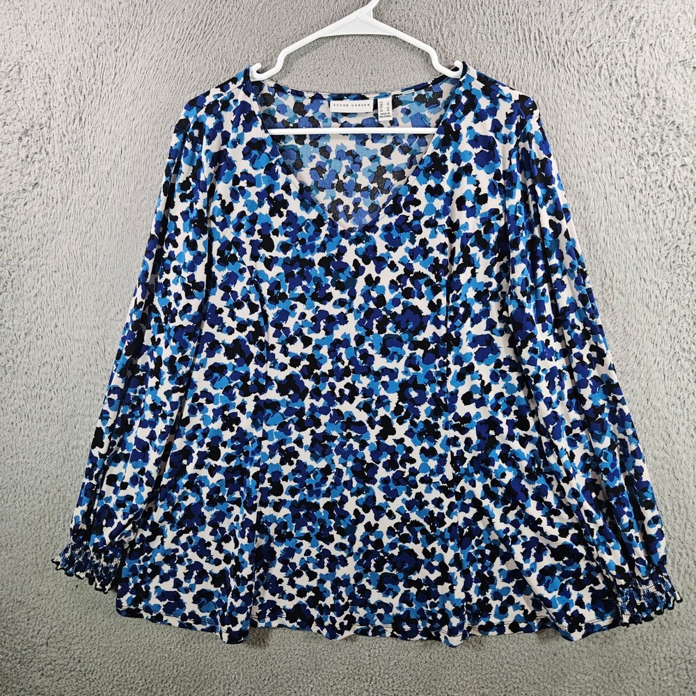 Susan Graver Liquid Knit V-Neck Top Blue Black Abstract Floral Smocked Cuff L